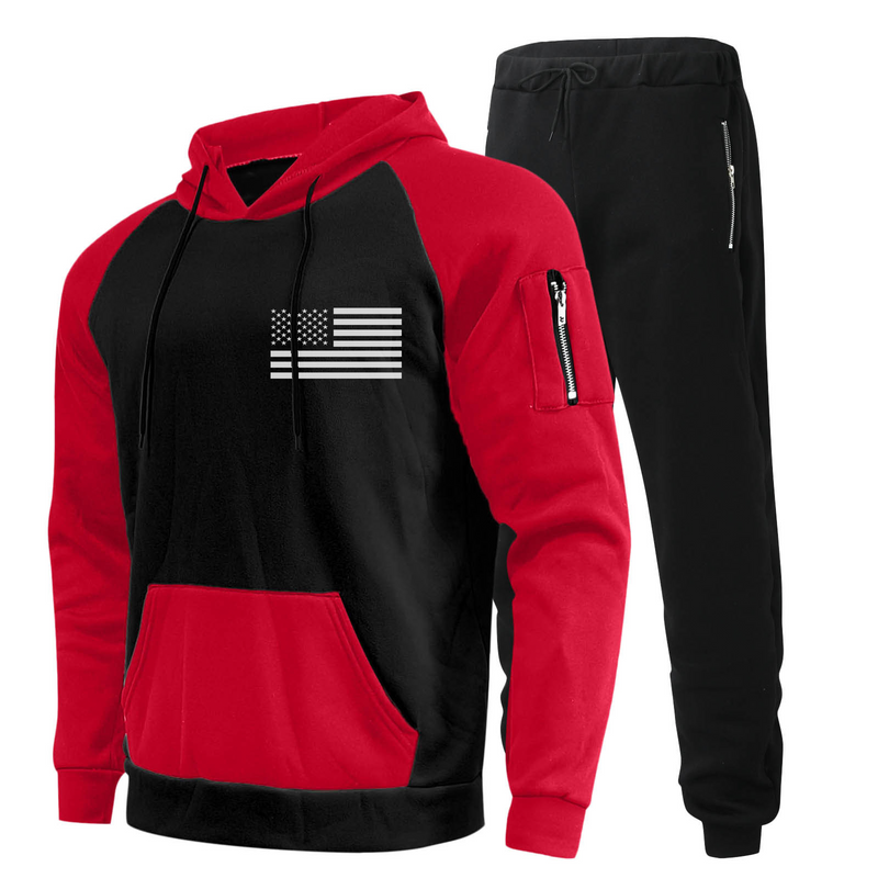 USA FLAG CONTRAST COLOR POCKET HOODIE SPORTY TWO-PIECE SET