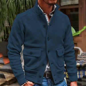 SOLID COLOR  STAND COLLAR KNITTED THICK CASUAL JACKET