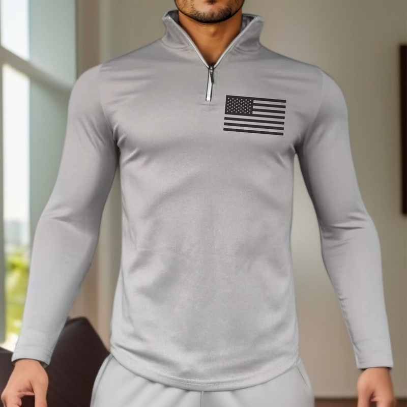 USA FLAG SOLID COLOR ZIPPER TURTLE NECK SWEATSHIRT SPORTY TWO-PIECE SET