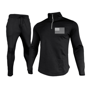 USA FLAG SOLID COLOR ZIPPER TURTLE NECK SWEATSHIRT SPORTY TWO-PIECE SET