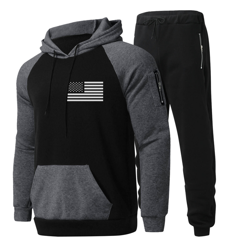 USA FLAG CONTRAST COLOR POCKET HOODIE SPORTY TWO-PIECE SET