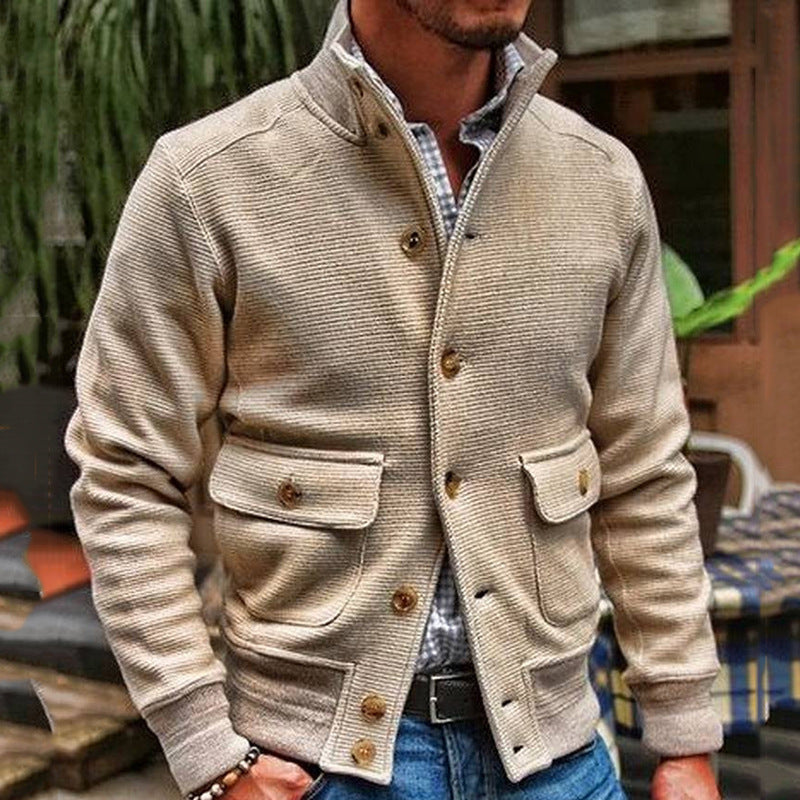 SOLID COLOR  STAND COLLAR KNITTED THICK CASUAL JACKET