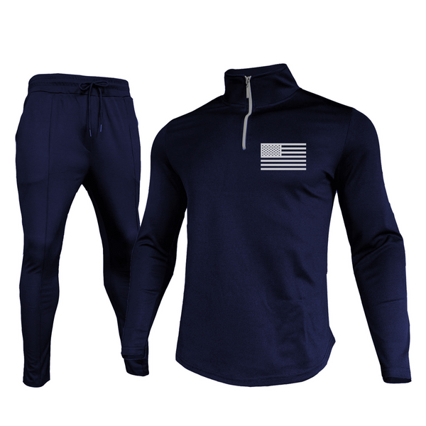 USA FLAG SOLID COLOR ZIPPER TURTLE NECK SWEATSHIRT SPORTY TWO-PIECE SET