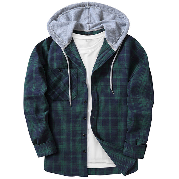 PLAID BUTTON UP HOODED SHIRT WITH CHEST POCKET