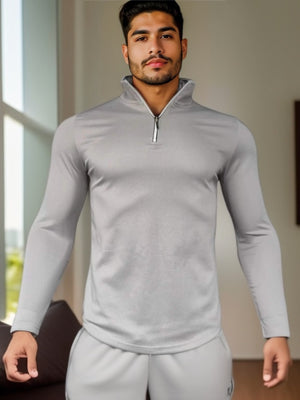 SOLID COLOR ZIPPER TURTLE NECK SWEATSHIRT SPORTY TWO-PIECE SET