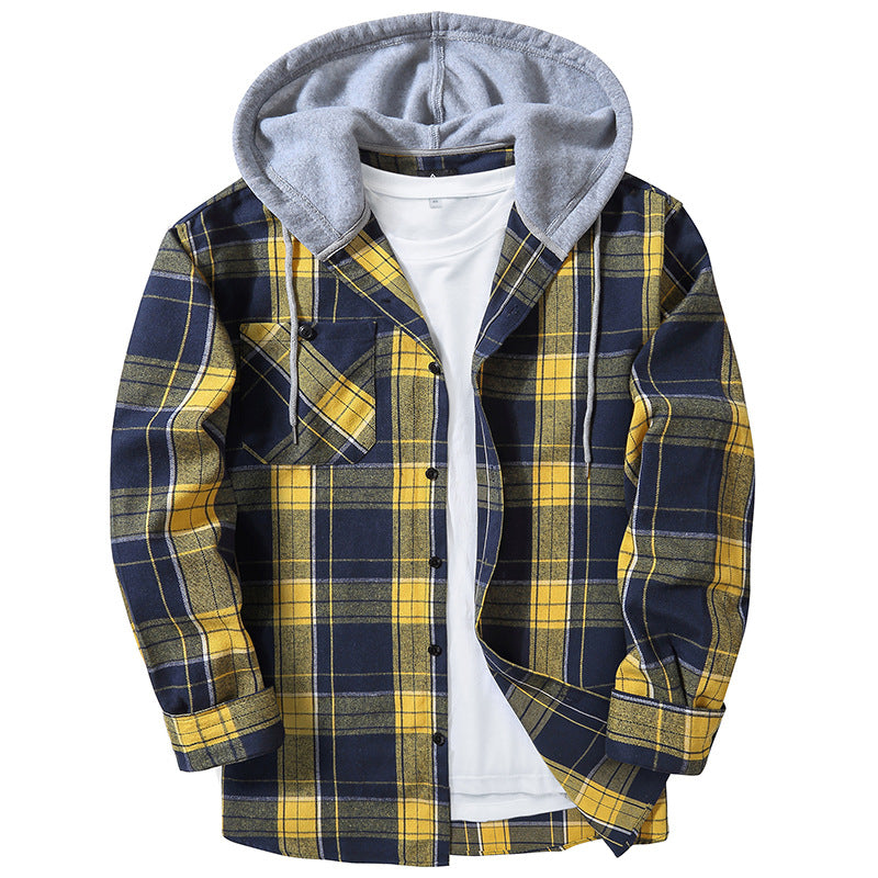 PLAID BUTTON UP HOODED SHIRT WITH CHEST POCKET
