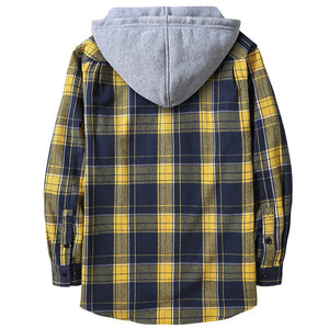 PLAID BUTTON UP HOODED SHIRT WITH CHEST POCKET
