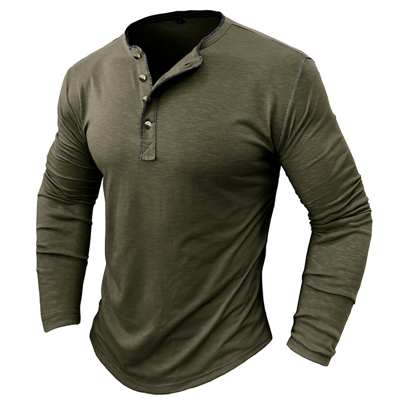 SLUB COTTON LONG SLEEVE CONTRAST BUTTON HENLEY SHIRT