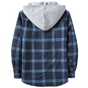 PLAID BUTTON UP HOODED SHIRT WITH CHEST POCKET