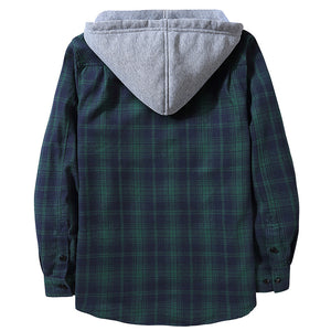 PLAID BUTTON UP HOODED SHIRT WITH CHEST POCKET