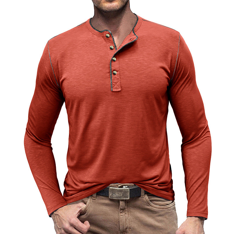 SLUB COTTON LONG SLEEVE CONTRAST BUTTON HENLEY SHIRT