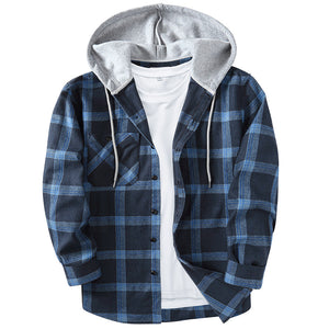 PLAID BUTTON UP HOODED SHIRT WITH CHEST POCKET