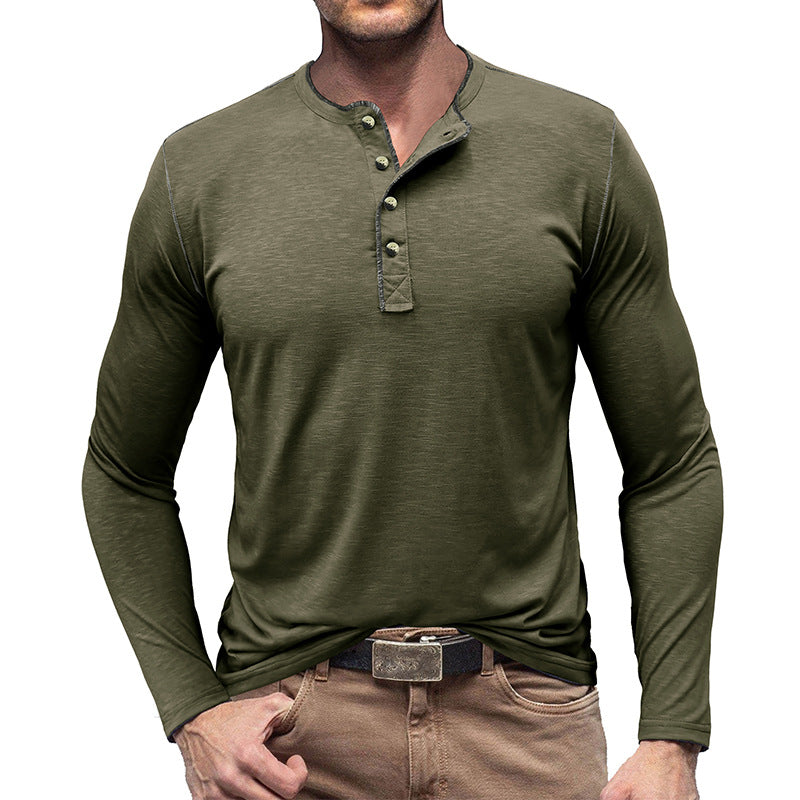 SLUB COTTON LONG SLEEVE CONTRAST BUTTON HENLEY SHIRT