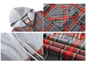 PLAID BUTTON UP HOODED SHIRT WITH CHEST POCKET