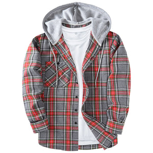 PLAID BUTTON UP HOODED SHIRT WITH CHEST POCKET