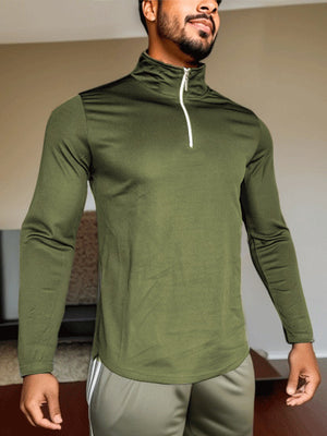 SOLID COLOR ZIPPER TURTLE NECK SWEATSHIRT SPORTY TWO-PIECE SET