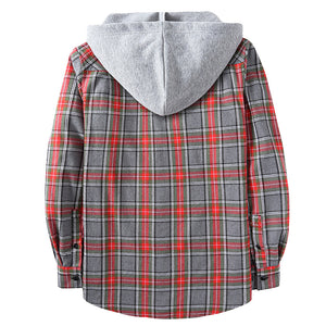 PLAID BUTTON UP HOODED SHIRT WITH CHEST POCKET