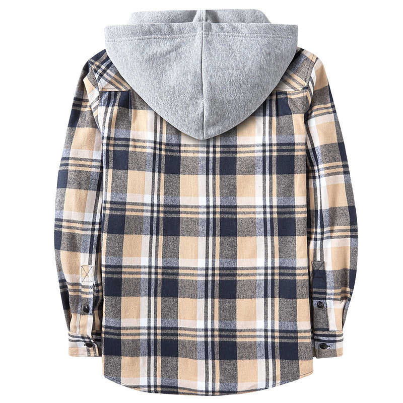 PLAID BUTTON UP HOODED SHIRT WITH CHEST POCKET