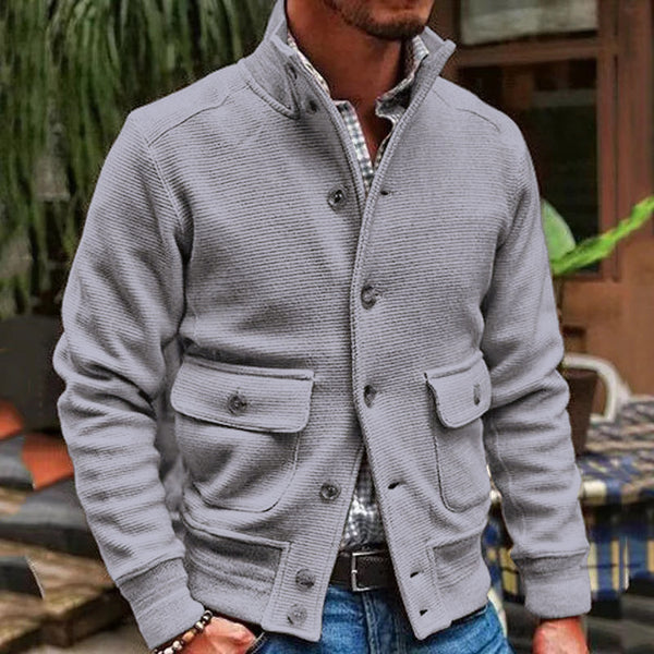 SOLID COLOR  STAND COLLAR KNITTED THICK CASUAL JACKET