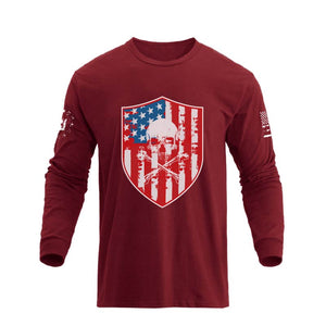 USA FLAG SHIELD SKULL GRAPHIC LONG SLEEVE T-SHIRT