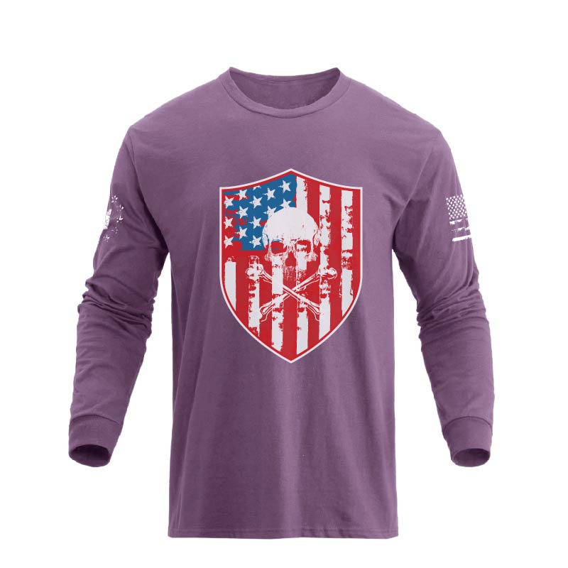 USA FLAG SHIELD SKULL GRAPHIC LONG SLEEVE T-SHIRT