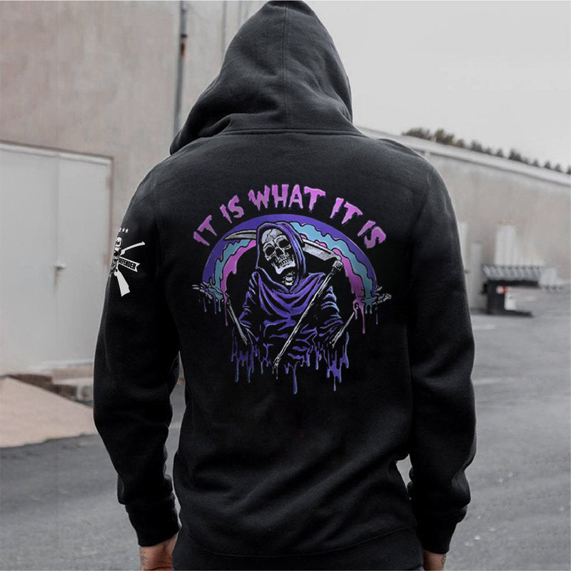 IT'S WHAT IT IS  SKULL COTTON GRAPHIC  HOODIE