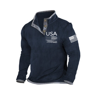 USA WAFFLE GRAPHIC HENLEY NECK SWEATSHIRT