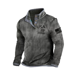 USA WAFFLE GRAPHIC HENLEY NECK SWEATSHIRT