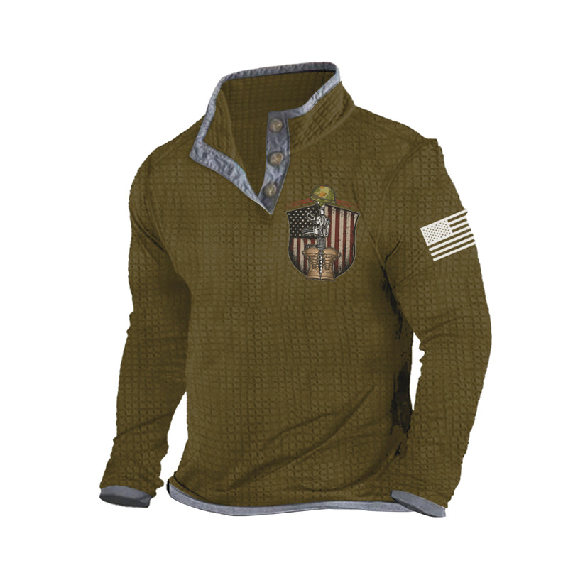 SHIELD  WAFFLE GRAPHIC HENLEY NECK SWEATSHIRT