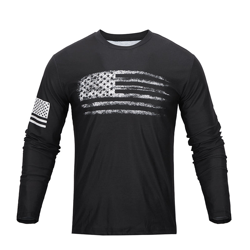 T-Shirt For Men | Long Sleeve USA Flag 100% Polyester Round Neck T ...
