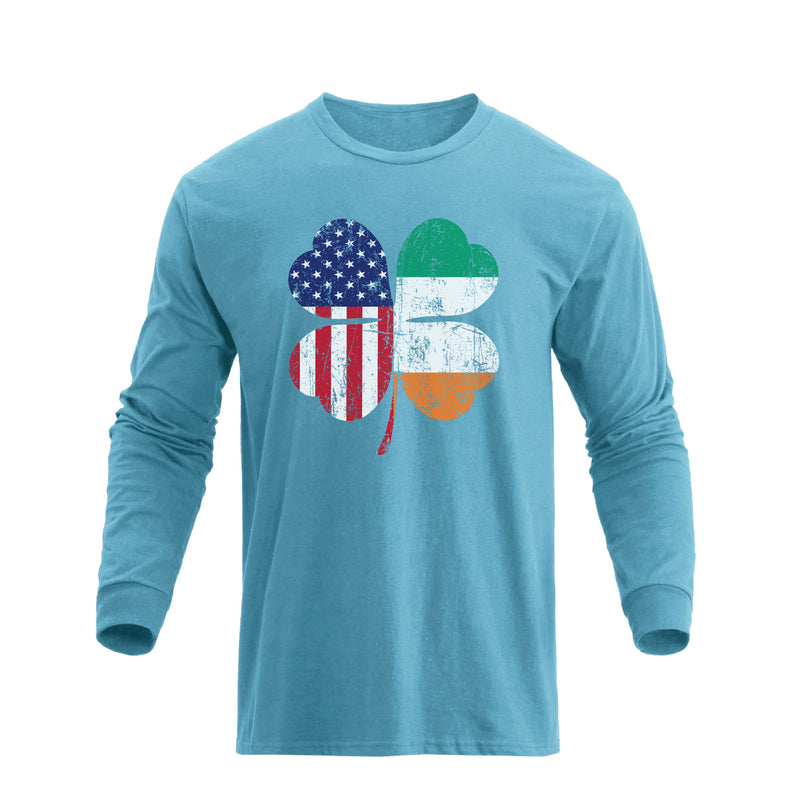 LUCKY SHAMROCK USA FLAG 100% COTTON GRAPHIC LONG SLEEVE T-SHIRT