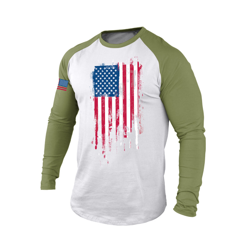 DISTRESSED USA FLAG RAGLAN GRAPHIC LONG SLEEVE T-SHIRT