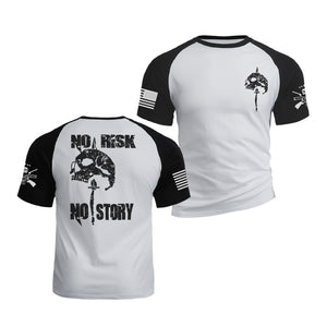 NO RISK NO STORY RAGLAN GRAPHIC TEE