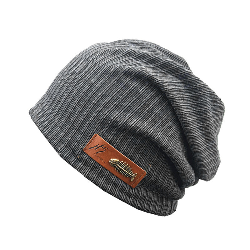 CASUAL FISHBONE LEATHER LABEL KNITTED BEANIE HAT