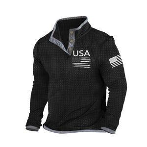 USA WAFFLE GRAPHIC HENLEY NECK SWEATSHIRT