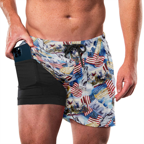 USA FLAG QUICKDRY POCKET 2 IN 1 18'' RUNNING SHORTS