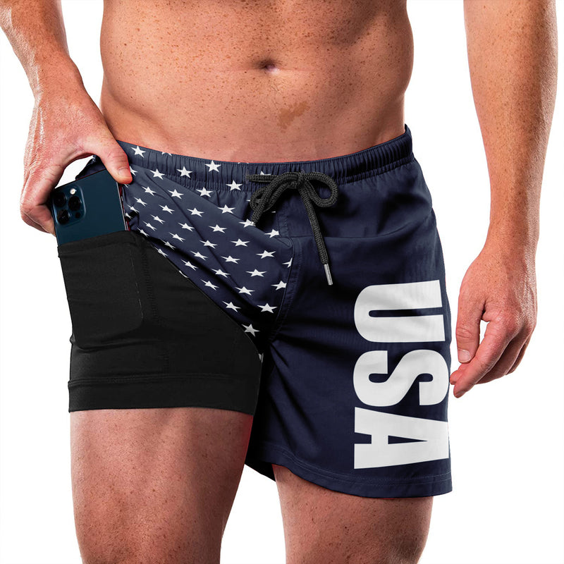 USA FLAG QUICKDRY POCKET 2 IN 1 7'' INSEAM RUNNING SHORTS