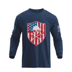 USA FLAG SHIELD SKULL GRAPHIC LONG SLEEVE T-SHIRT