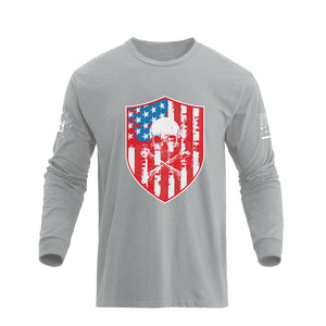 USA FLAG SHIELD SKULL GRAPHIC LONG SLEEVE T-SHIRT