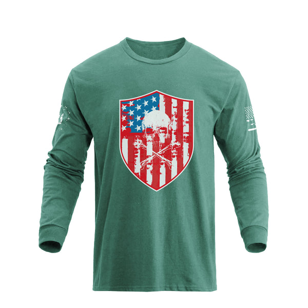 USA FLAG SHIELD SKULL GRAPHIC LONG SLEEVE T-SHIRT