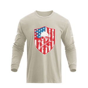 USA FLAG SHIELD SKULL GRAPHIC LONG SLEEVE T-SHIRT