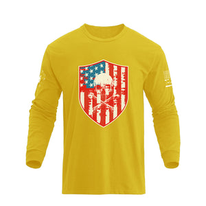USA FLAG SHIELD SKULL GRAPHIC LONG SLEEVE T-SHIRT