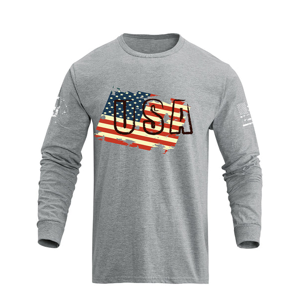 Camiseta de manga larga con estampado de letras de EE. UU. Con superposiciones de bandera estadounidense 100% algodón para hombre