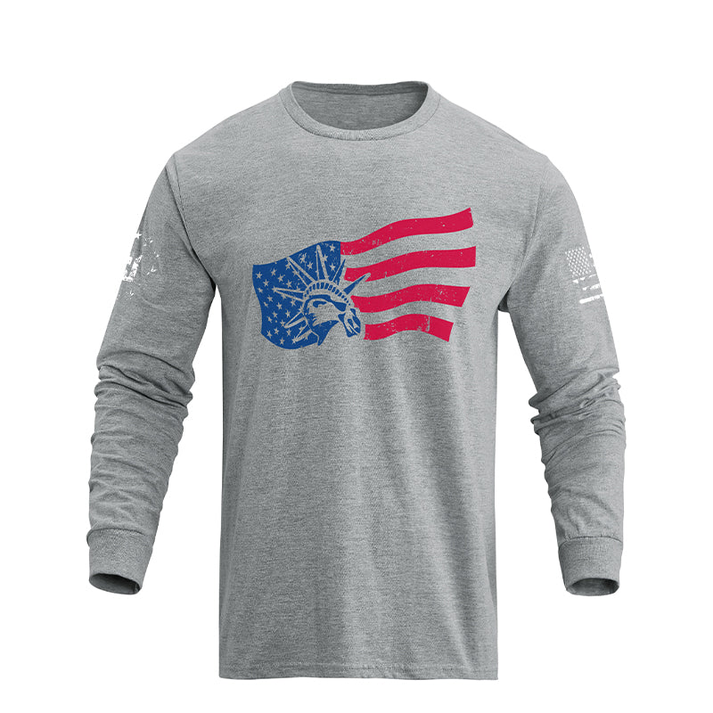 Camiseta de manga larga con estampado de la estatua de la libertad de EE. UU. 100% algodón de ajuste relajado para hombre