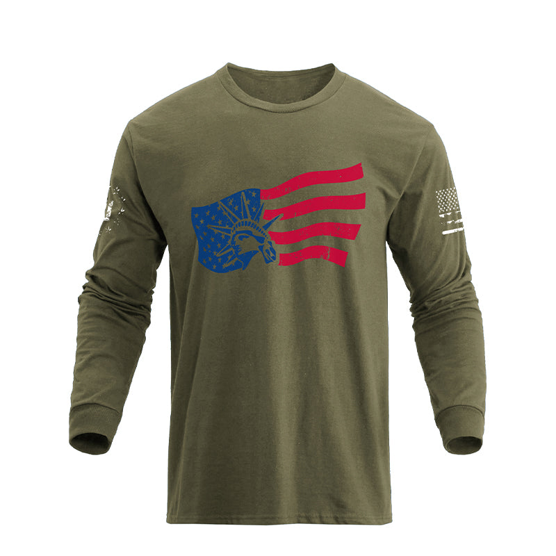 Camiseta de manga larga con estampado de la estatua de la libertad de EE. UU. 100% algodón de ajuste relajado para hombre