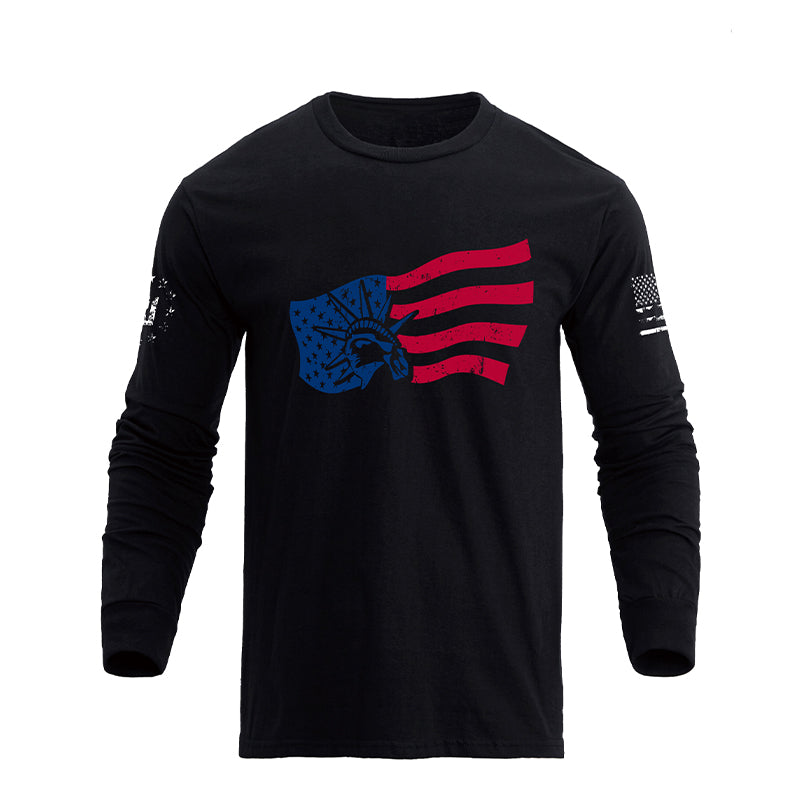 Camiseta de manga larga con estampado de la estatua de la libertad de EE. UU. 100% algodón de ajuste relajado para hombre