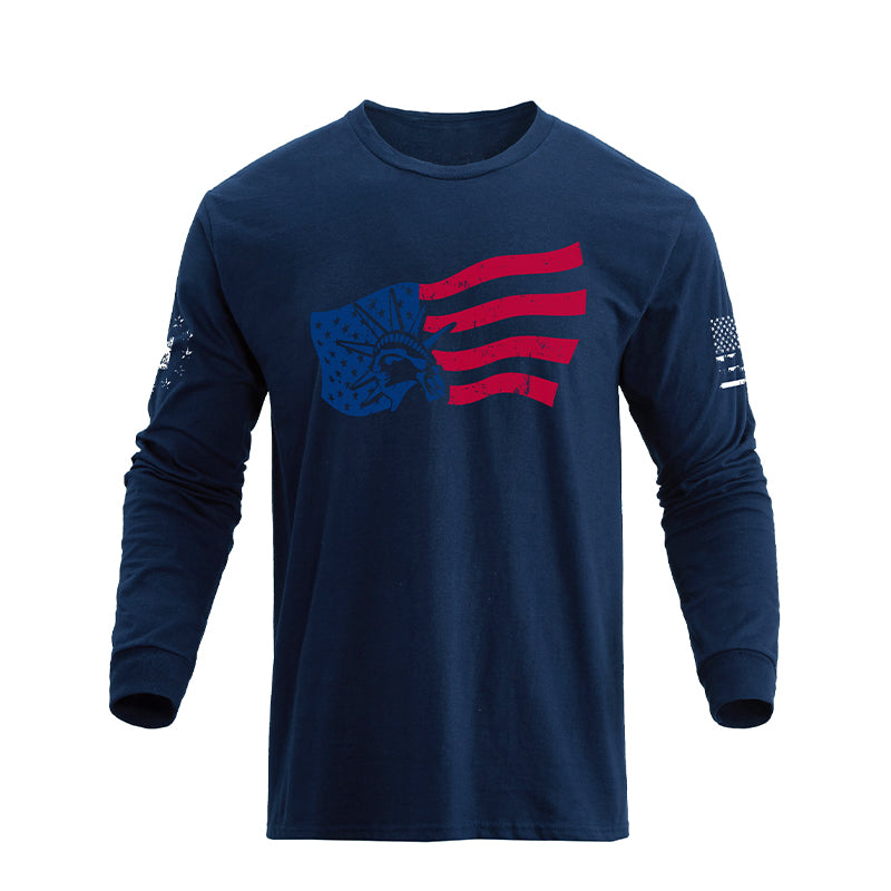 Camiseta de manga larga con estampado de la estatua de la libertad de EE. UU. 100% algodón de ajuste relajado para hombre