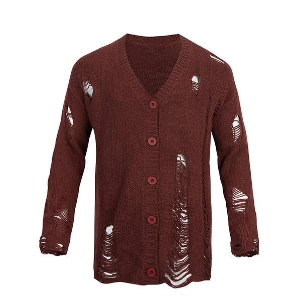 RIPPED HOLE OPEN FRONT V-NECK SWEATER