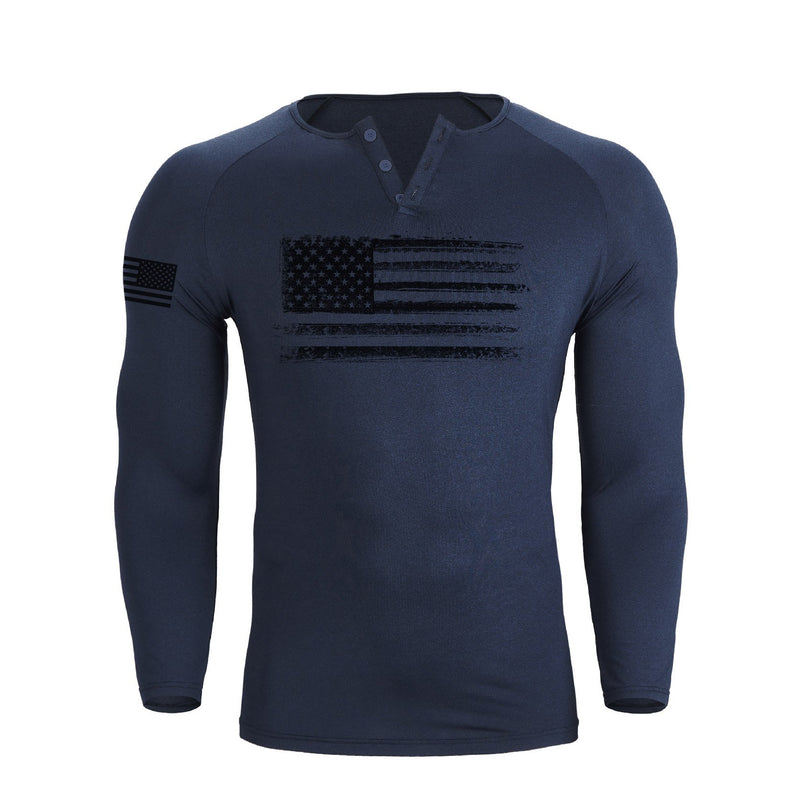 USA FLAG 1/4 BUTTON V-NECK LONG SLEEVE HENLEY SHIRT