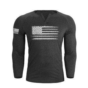 USA FLAG 1/4 BUTTON V-NECK LONG SLEEVE HENLEY SHIRT